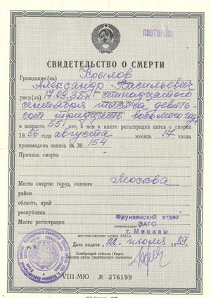 Свидетельство о смерти с истинной датой казни